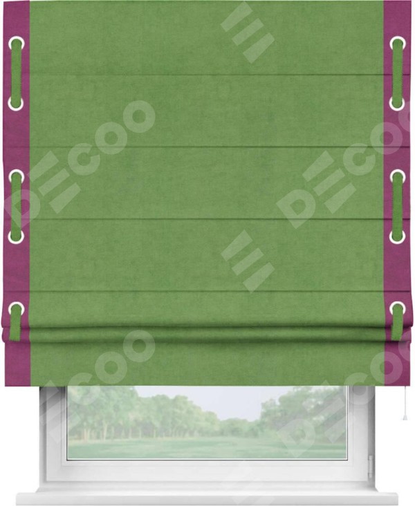 Римская штора «Кортин» с кантом Стрим Дуо (люверсы с пояском), для проема, ткань вельвет салатовый