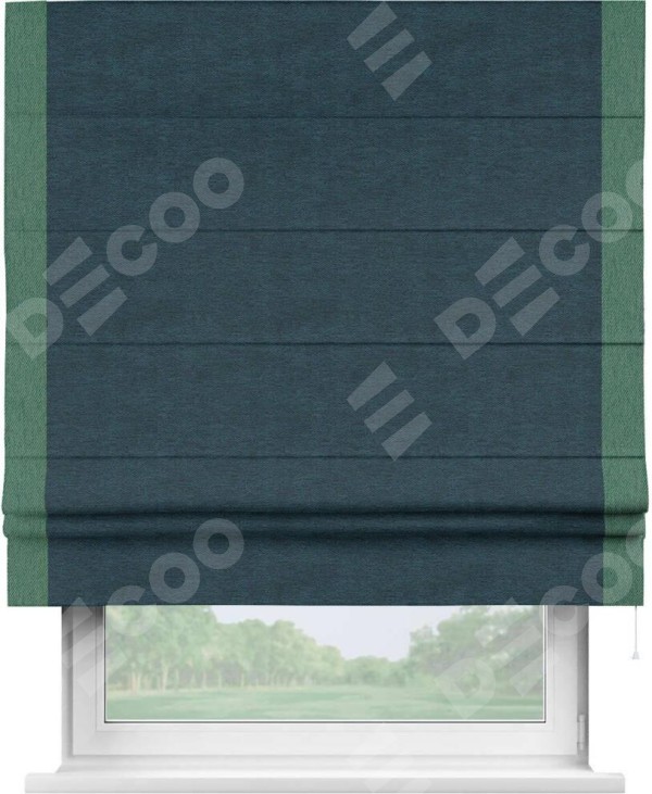 Римская штора «Кортин» с кантом Стрим Дуо, для проема, ткань твид блэкаут, глубокий синий