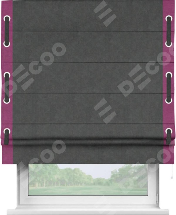 Римская штора «Кортин» с кантом Стрим Дуо (люверсы с пояском), для проема, ткань вельвет цвет тёмно-серый