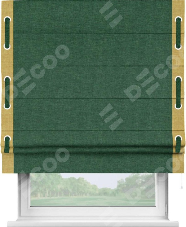 Римская штора «Кортин» с кантом Стрим Дуо (люверсы с пояском), для проема, ткань лён серо-зеленый