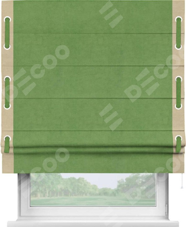 Римская штора «Кортин» с кантом Стрим Дуо (люверсы с пояском), для проема, ткань вельвет салатовый