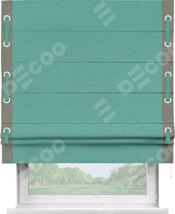 Римская штора «Кортин» с кантом Стрим Дуо (люверсы с пояском), для проема, ткань лён димаут, бирюзовый