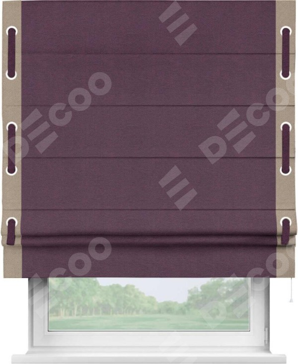 Римская штора «Кортин» с кантом Стрим Дуо (люверсы с пояском), для проема, ткань лён димаут, фиолетовый