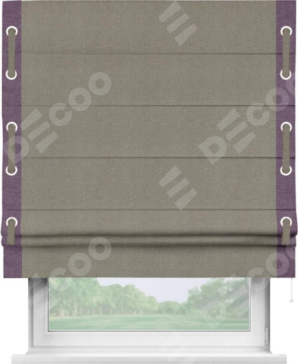 Римская штора «Кортин» с кантом Стрим Дуо (люверсы с пояском), для проема, ткань лён димаут, серо-зелёный