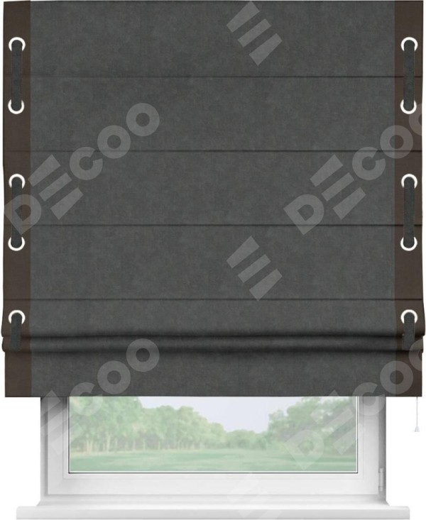 Римская штора «Кортин» с кантом Стрим Дуо (люверсы с пояском), для проема, ткань вельвет цвет тёмно-серый