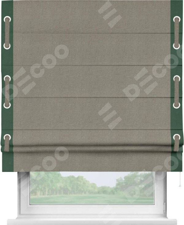 Римская штора «Кортин» с кантом Стрим Дуо (люверсы с пояском), для проема, ткань лён димаут, серо-зелёный