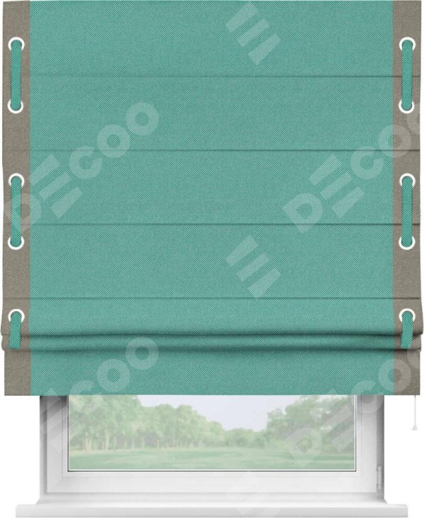 Римская штора «Кортин» с кантом Стрим Дуо (люверсы с пояском), для проема, ткань лён димаут, бирюзовый