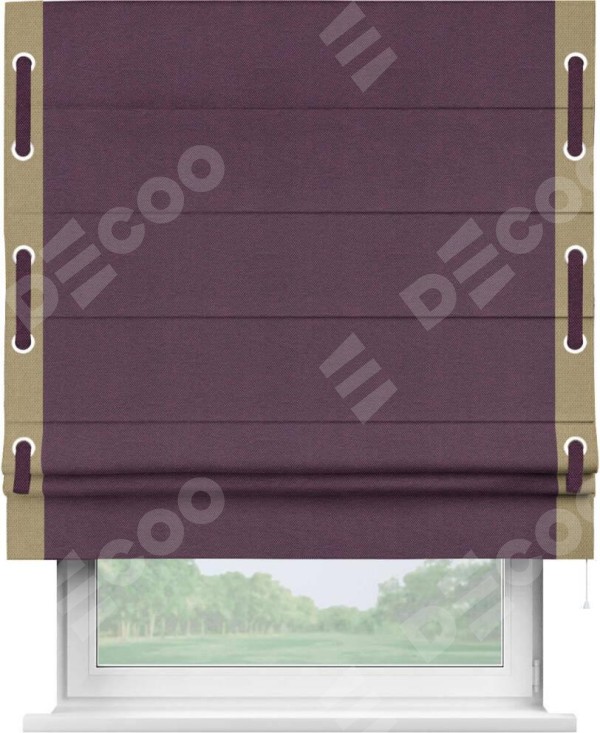 Римская штора «Кортин» с кантом Стрим Дуо (люверсы с пояском), для проема, ткань лён димаут, фиолетовый