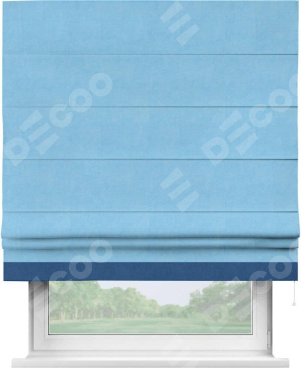 Римская штора «Кортин» с кантом Джестер, для проема, ткань вельвет голубой