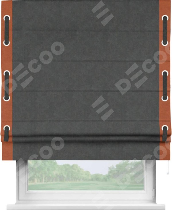 Римская штора «Кортин» с кантом Стрим Дуо (люверсы с пояском), для проема, ткань вельвет цвет тёмно-серый