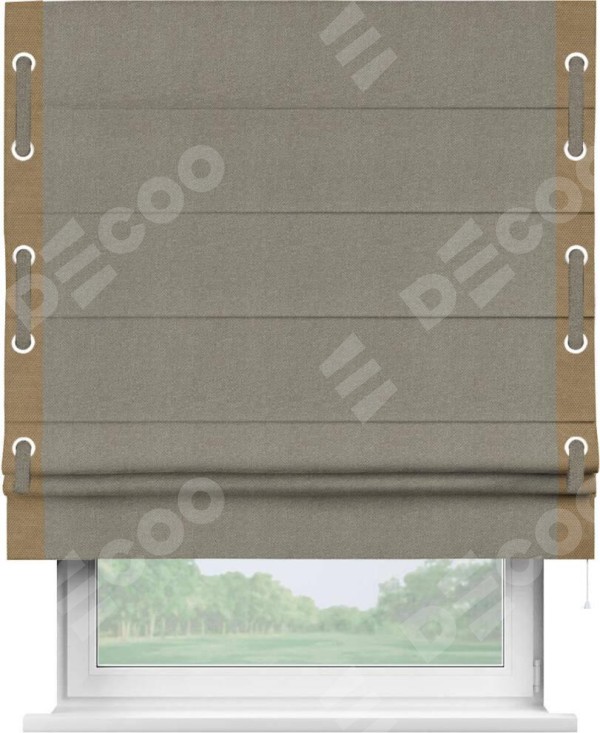 Римская штора «Кортин» с кантом Стрим Дуо (люверсы с пояском), для проема, ткань лён димаут, серо-зелёный