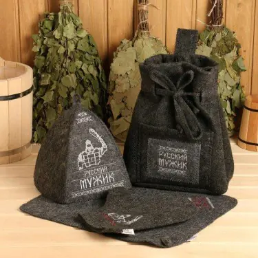 Набор для бани 4 предмета "Русский мужик" шапка, коврик, рукавица, портфель