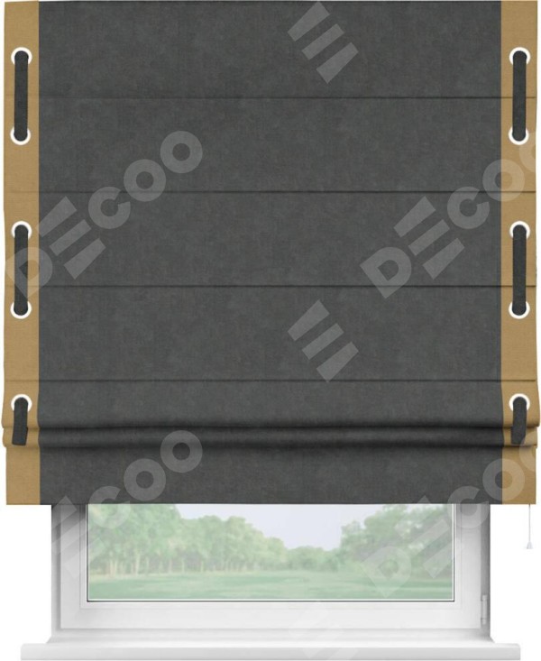 Римская штора «Кортин» с кантом Стрим Дуо (люверсы с пояском), для проема, ткань вельвет цвет тёмно-серый